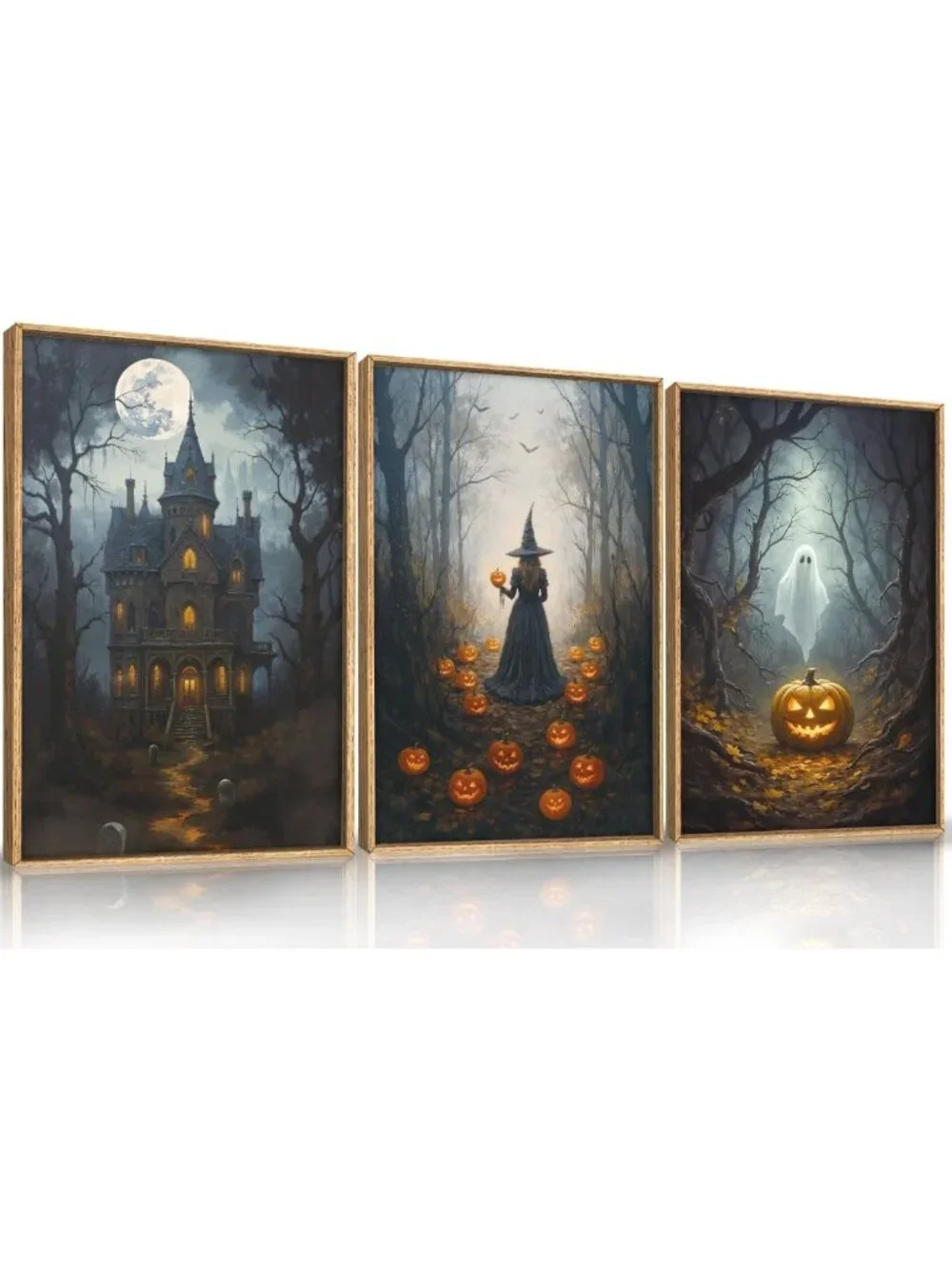 Spooky Halloween Moon Castle Canvas Art Set - Witch, Ghost & Pumpkin Decor for